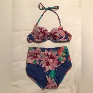 Aerie Floral Print Bikini with Push Up Halter Top 32A and Matching Bottom M